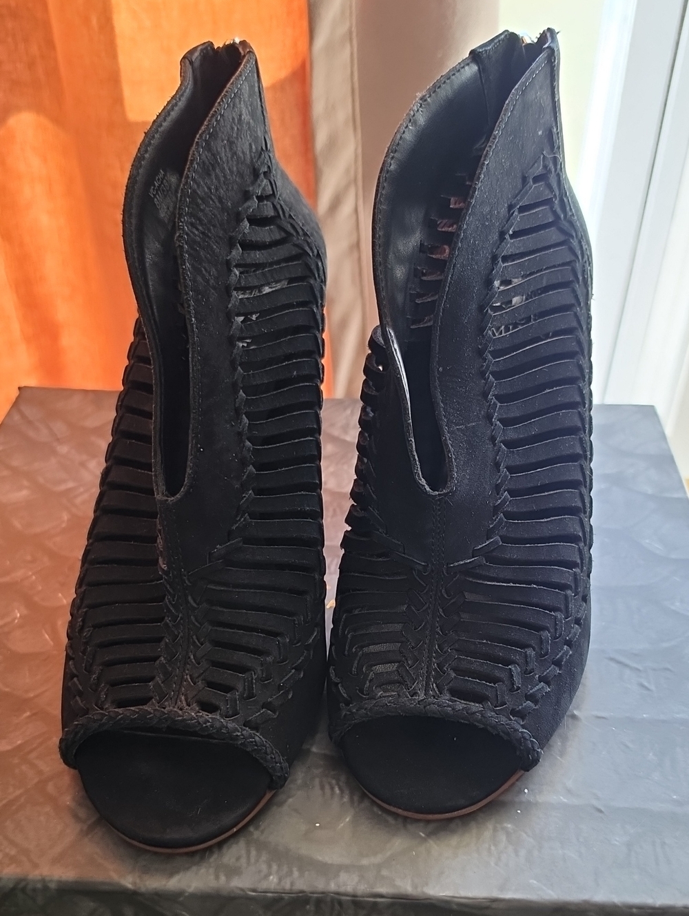 Vince Camuto Black Woven Peep-Toe Ankle Booties